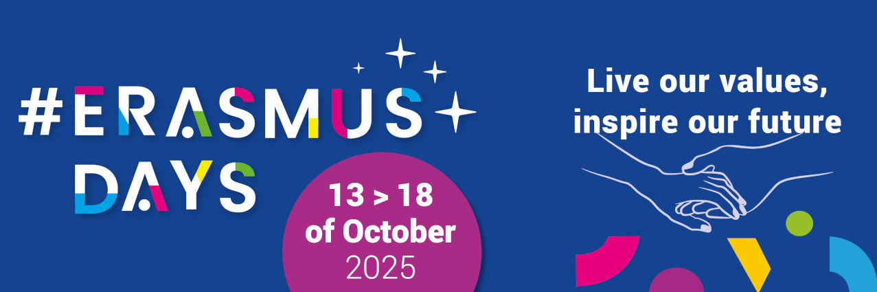 Auf blauem Hintergrund ist auf der linken Seite der Schriftzug "Hashtag Erasmus Days 13. bis 18. Oktober 2025" zu lesen. Auf der rechten Seite ist das Motto "Live our values, inspire our future" zu lesen.